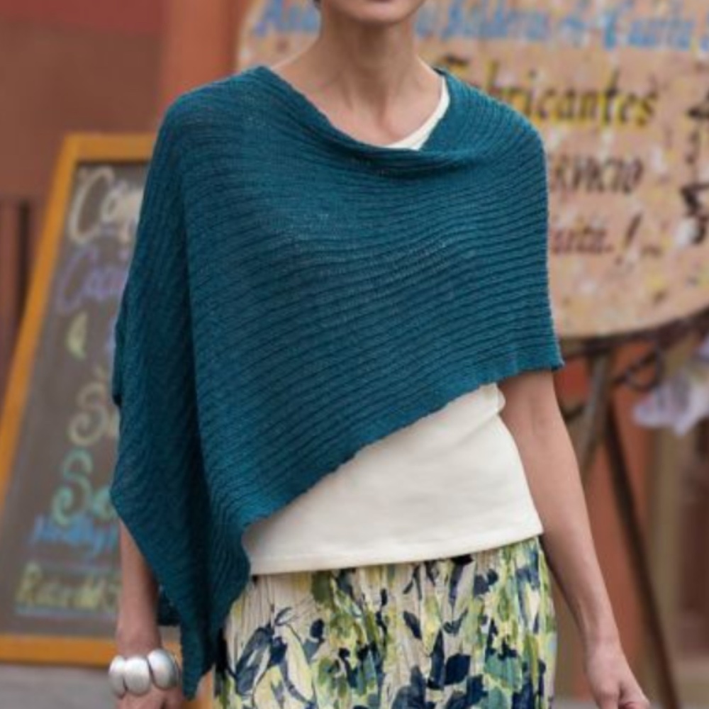 New Blue Poncho Knit Wrap Teal Cotton Nylon One Size Asymmetrical